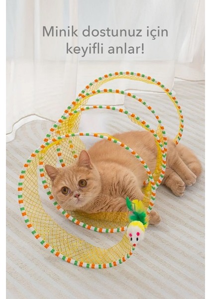 Luxury Spiral Kedi Tüneli Oyuncağı - Katlanabilir, Esnek, Fare ve Top Oyuncaklı 1 Adet Sarı 1 Adet