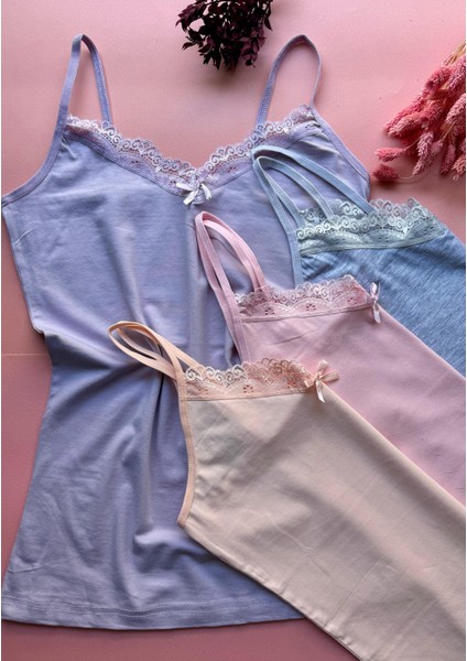 Pure Belle 4 Lü Dantelli Pamuklu V Yaka Kadın Atlet Şıklık ve Konforun Zarif Buluşması