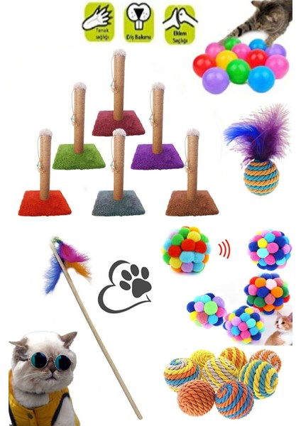 Luxury Kedi Tırmalama Tahtası , Sarma Top , Renkli Oyun Topu , Tüylü Top ,kedi Oltası ve Pon Pon Top Seti 1 Adet