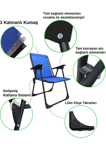 Natura 4 Adet Kamp Sandalyesi Katlanır Piknik Sandalye Dikdörtgen Bardaklıklı Mavi
