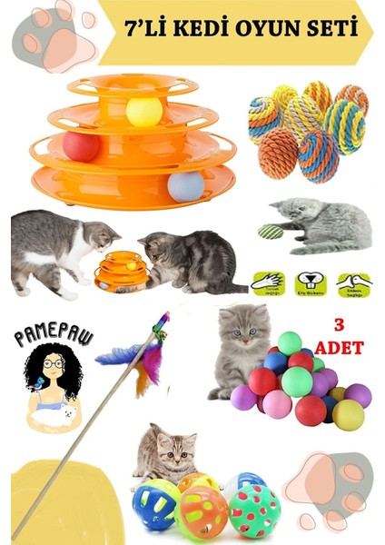 Luxury 7'li Set : 3 Katlı Kedi Oyuncağı , Sarma Top , Olta , 3'lü Mini Top , Çıngıraklı Top 1 Adet