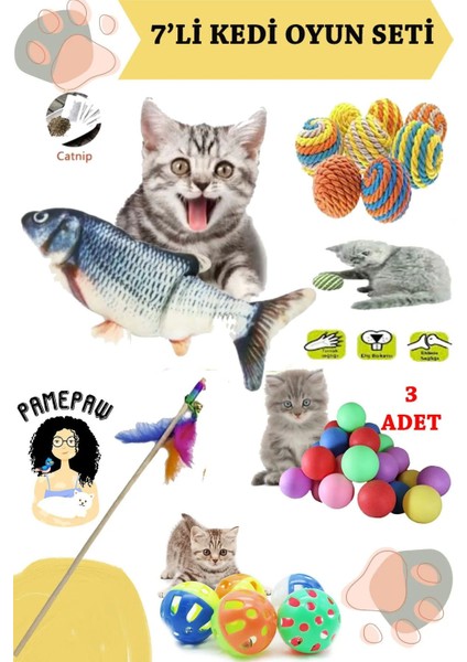 Luxury 7'li Set :kedi Oyuncağı Balık Kedi Naneli Çıngıraklı ,sarma Top ,olta ,3'lü Mini Top ,çıngıraklı Top 1 Adet
