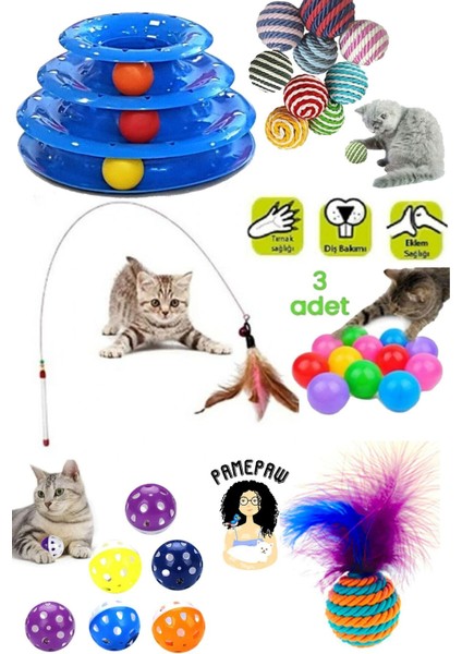 Luxury 8'li Set: Ip Sarma Topu +3'lü Renkli Top+Kedi Oyun Topu Tüylü +Yaylı Kedi Oltası+3 Katlı Oyuncak+Top 1 Adet