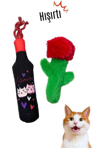 Luxury 2'li Kedi Oyuncak Seti Mama Saklamalı Peluş Gül ve Catnipli Hışırtı Sesi Çıkaran Peluş Şişe 1 Adet