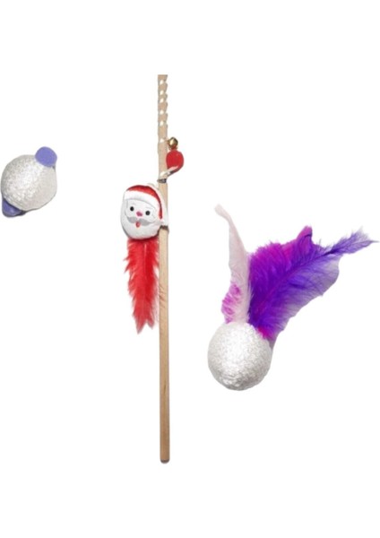 Luxury Yeni Yıl Noel Baba Kedi Oltası ve Tüylü Oyun Topu Seti-3'lü 1 Adet