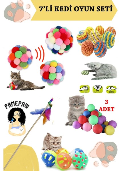 Luxury 7'li Set : Kedi Ponpon Top , Sarma Top , Olta , 3'lü Mini Top , Çıngıraklı Top 1 Adet