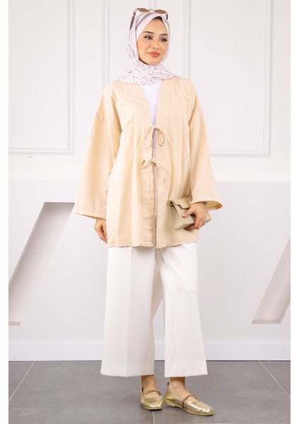 Bej Ön Bağlamalı Kimono