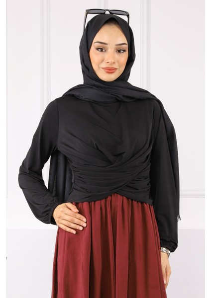 Siyah Çapraz Drape Detaylı Sandy Bluz