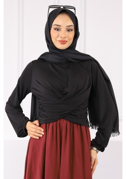 Siyah Çapraz Drape Detaylı Sandy Bluz