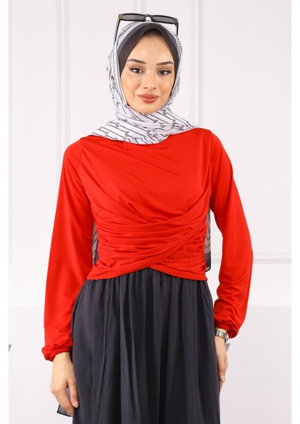Kırmızı Çapraz Drape Detaylı Sandy Bluz