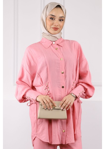Pembe Kolu ve Beli Bağcıklı Modal Tunik Pantolonlu Takım