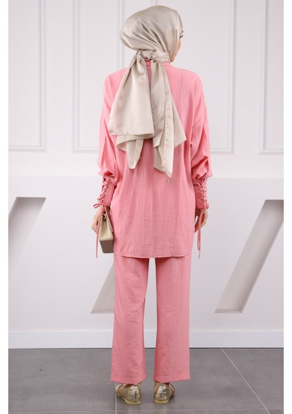 Pembe Kolu ve Beli Bağcıklı Modal Tunik Pantolonlu Takım