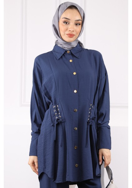 Lacivert Kolu ve Beli Bağcıklı Modal Tunik Pantolonlu Takım fırsatları
