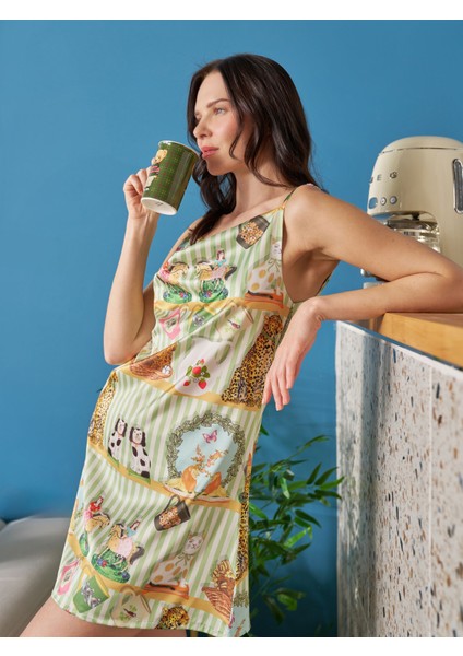 Saten Askılı Elbise Gecelik Antik Desen fiyatları