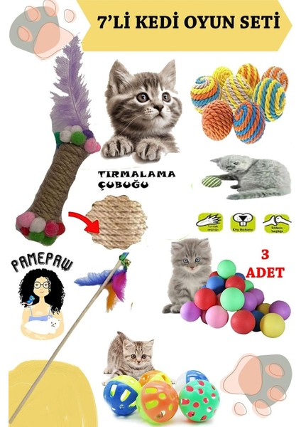 L 7'li Set : Kedi Tırmalama Çubuğu Oyuncak , Sarma Top , Olta , 3'lü Mini Top , Çıngıraklı Top 1 Adet