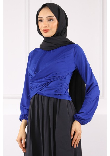 Saks Mavi Çapraz Drape Detaylı Sandy Bluz modelleri
