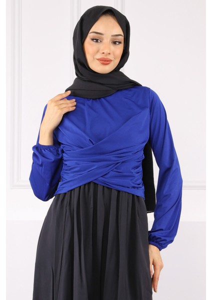 Saks Mavi Çapraz Drape Detaylı Sandy Bluz fırsatları