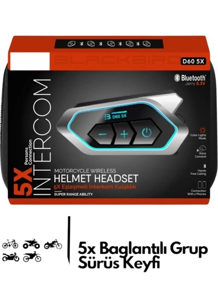 Motosiklet Intercom 5x Cihaz Eşleşmeli Tüm Kasklara Uygun Rgb Işıklı 5.3 Bluetooth