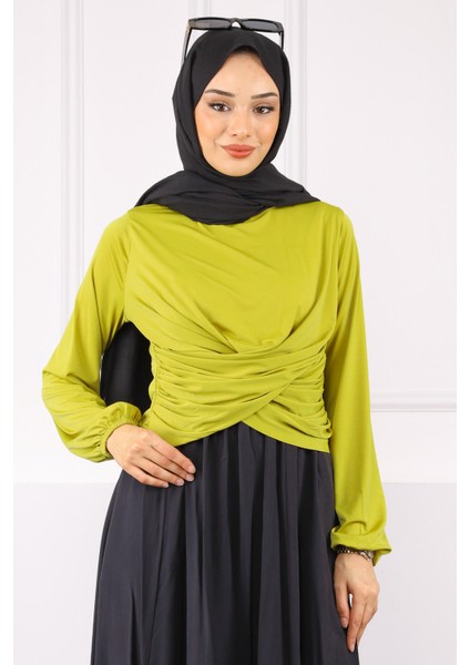 Yağ Yeşili Çapraz Drape Detaylı Sandy Bluz