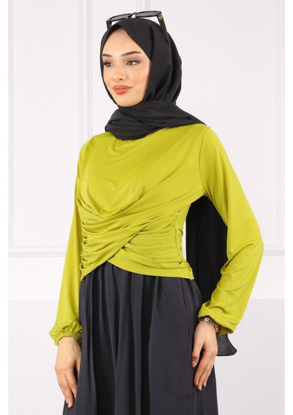 Yağ Yeşili Çapraz Drape Detaylı Sandy Bluz modelleri