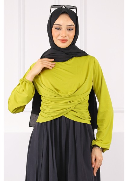 Yağ Yeşili Çapraz Drape Detaylı Sandy Bluz fırsatları