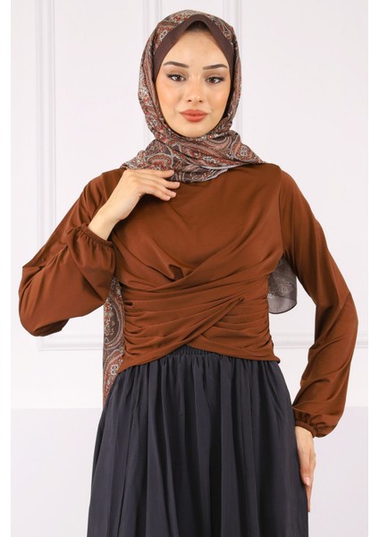 Kahverengi Çapraz Drape Detaylı Sandy Bluz
