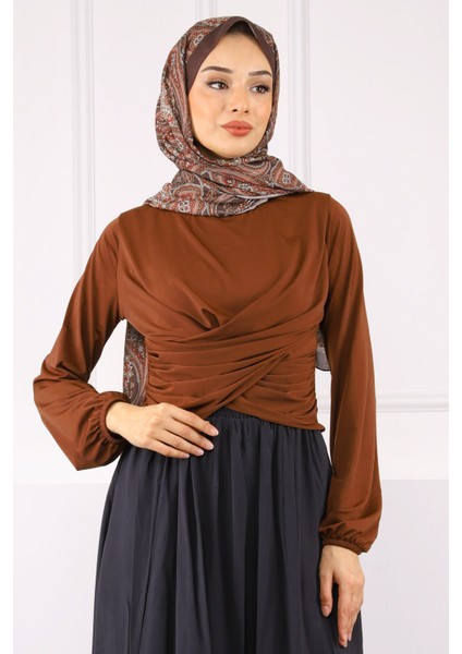 Kahverengi Çapraz Drape Detaylı Sandy Bluz fiyatları