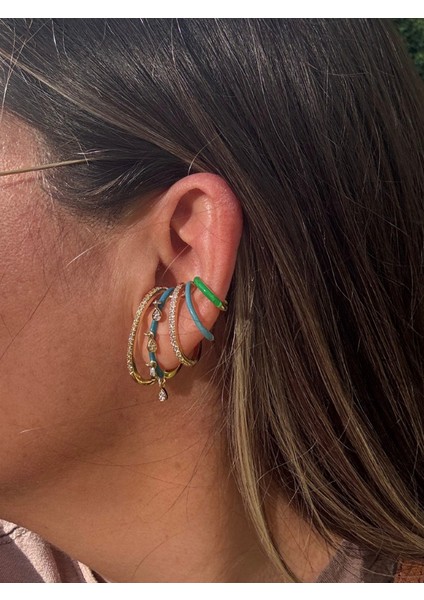 Özel Seri Taşlı Mavi Yeşil Earcuff (Kıkırdak Küpesi)