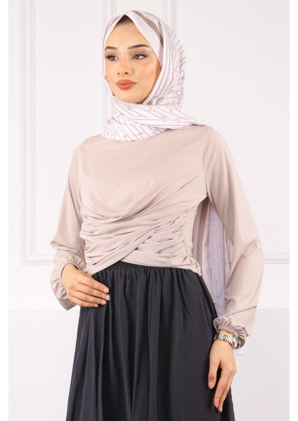 Bej Çapraz Drape Detaylı Sandy Bluz