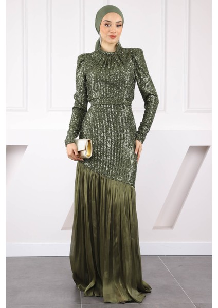 Haki Payetli Eteği Piliseli Abiye