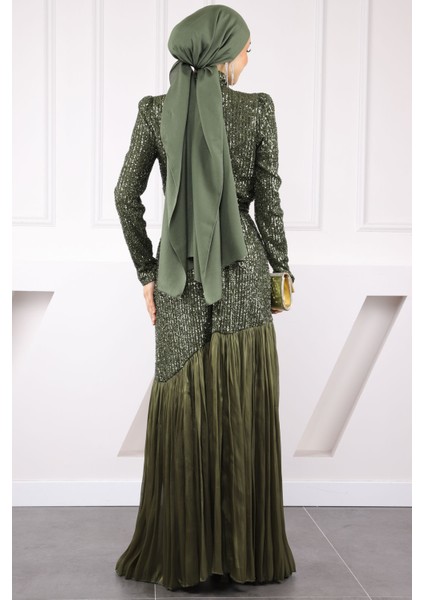 Haki Payetli Eteği Piliseli Abiye modelleri