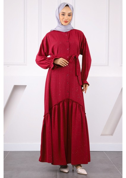 Bordo Eteği Büzgülü Beli Kuşaklı Linda Elbise