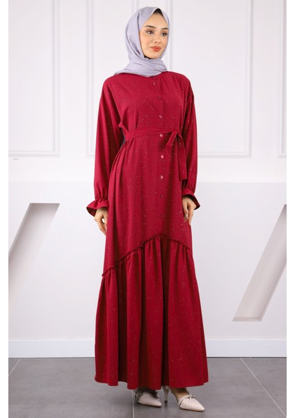 Bordo Eteği Büzgülü Beli Kuşaklı Linda Elbise