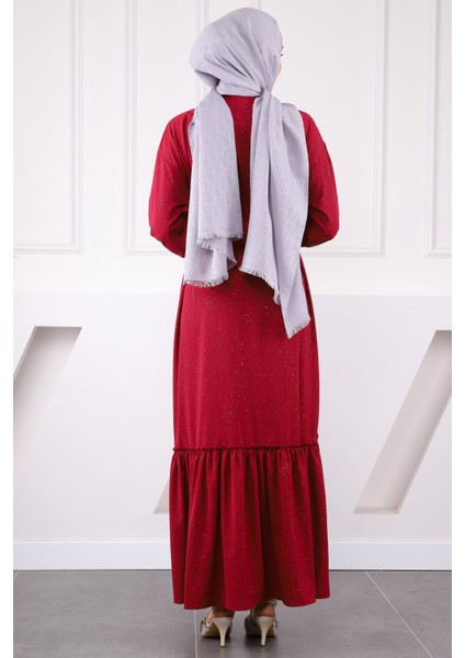 Bordo Eteği Büzgülü Beli Kuşaklı Linda Elbise