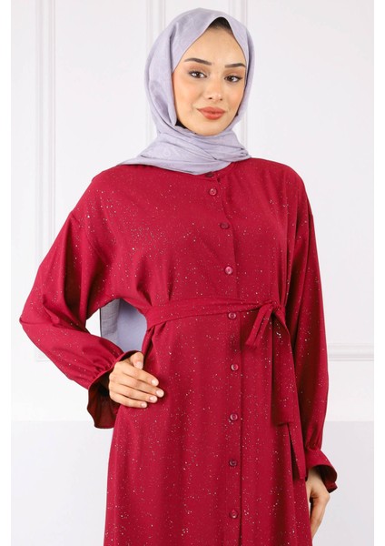 Bordo Eteği Büzgülü Beli Kuşaklı Linda Elbise