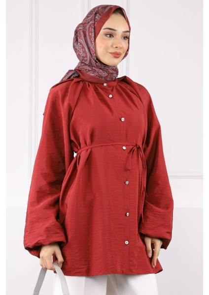 Bordo Balon Kol Kuşaklı Gömlek