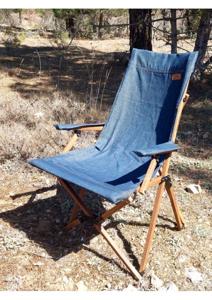 Ahşap - Kollu Katlanır Kamp Sandalyesi - Koyu Ceviz Iskelet - Mavi Kot Kılıf - Kahverengi Çanta