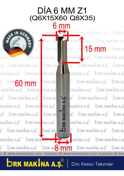 Dia 6 mm Z1 Freze A2 Yanmaz Kompozit Ucu (Made In Germany)