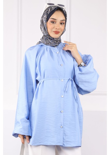 Bebe Mavi Balon Kol Kuşaklı Gömlek