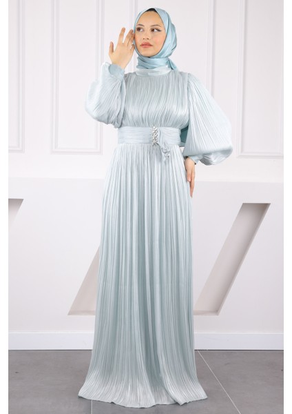 Mint Piliseli Taşlı Şifon Abiye