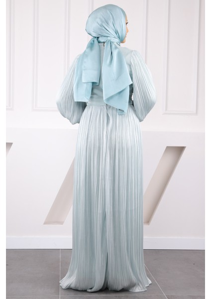 Mint Piliseli Taşlı Şifon Abiye modelleri