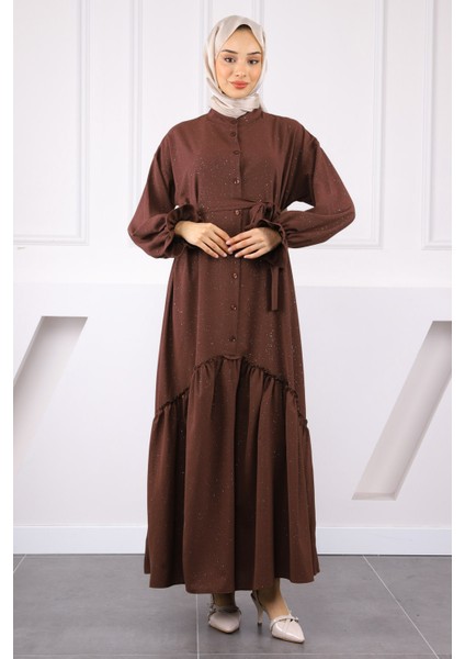 Kahve Eteği Büzgülü Beli Kuşaklı Linda Elbise