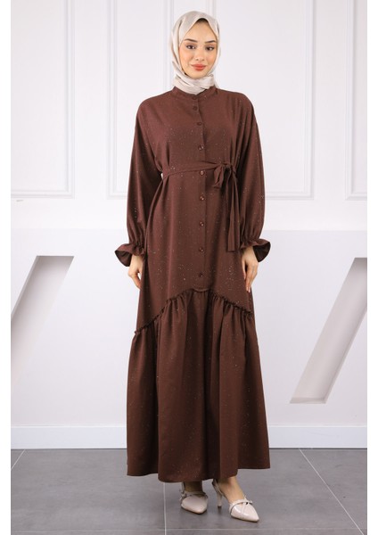 Kahve Eteği Büzgülü Beli Kuşaklı Linda Elbise fiyatları