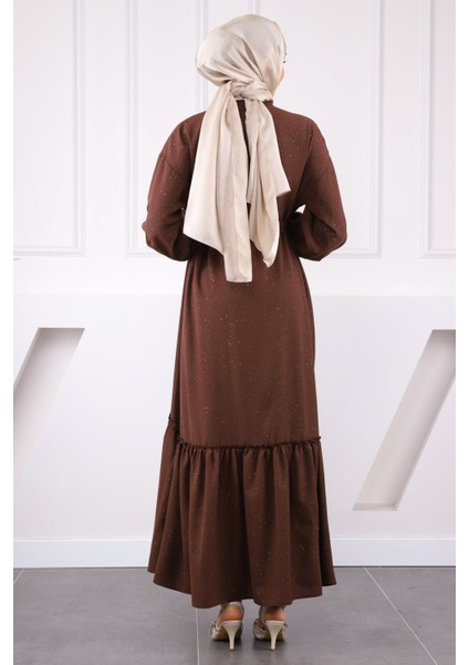 Kahve Eteği Büzgülü Beli Kuşaklı Linda Elbise modelleri