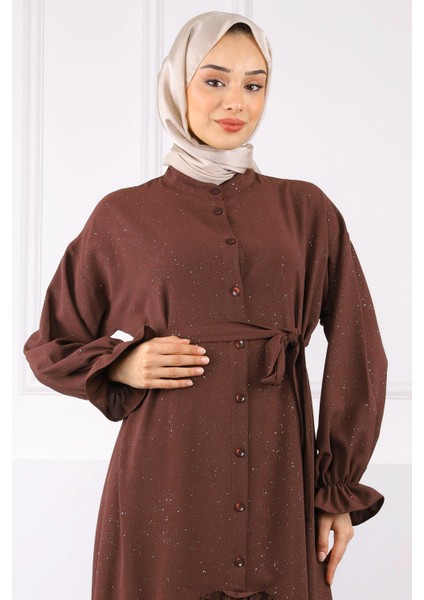 Kahve Eteği Büzgülü Beli Kuşaklı Linda Elbise fırsatları