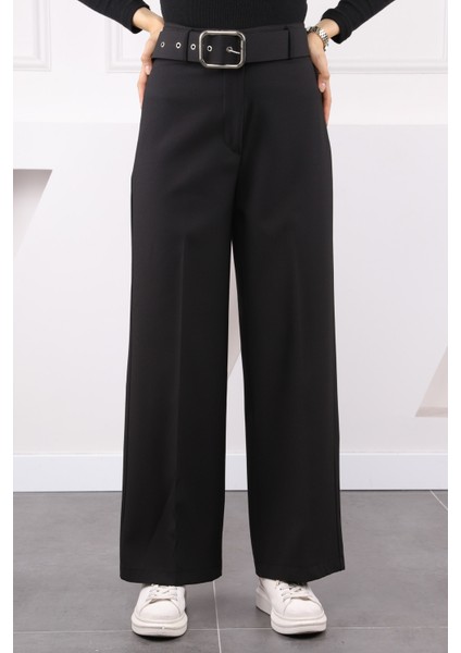 Siyah Bol Paça Kemerli Kumaş Pantolon