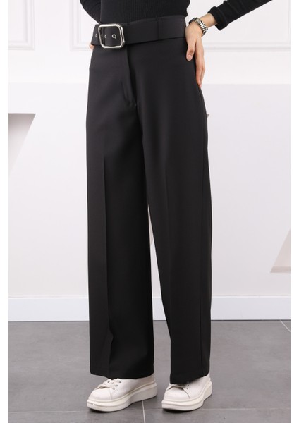 Siyah Bol Paça Kemerli Kumaş Pantolon modelleri