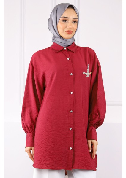Bordo Ön Taş Detaylı Gömlek