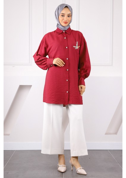 Bordo Ön Taş Detaylı Gömlek fiyatları