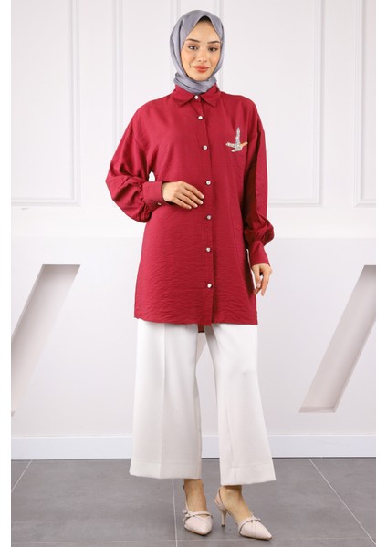 Bordo Ön Taş Detaylı Gömlek modelleri